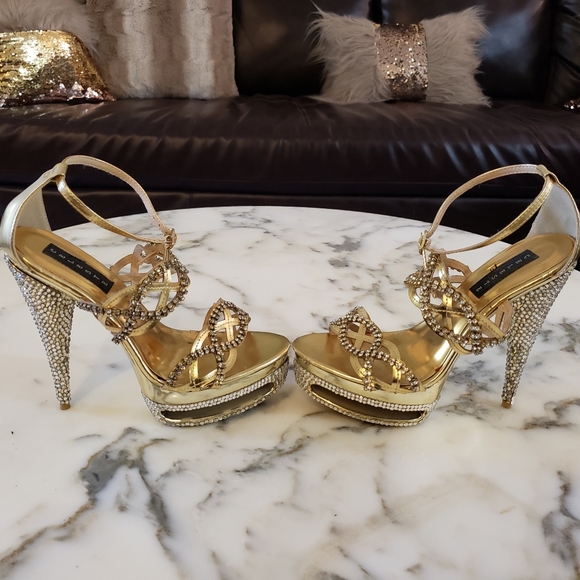 Gold with crystals and rhinestones platform high heel sandal 8.5 - Picture 2 of 6